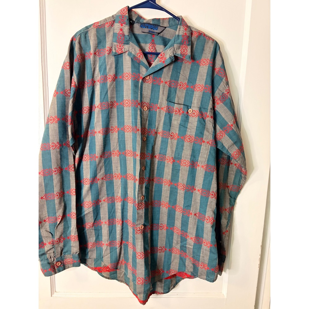 Vintage Hutspah Mens XL Southwestern Stripe Button Down Shirt Made in USA Teal